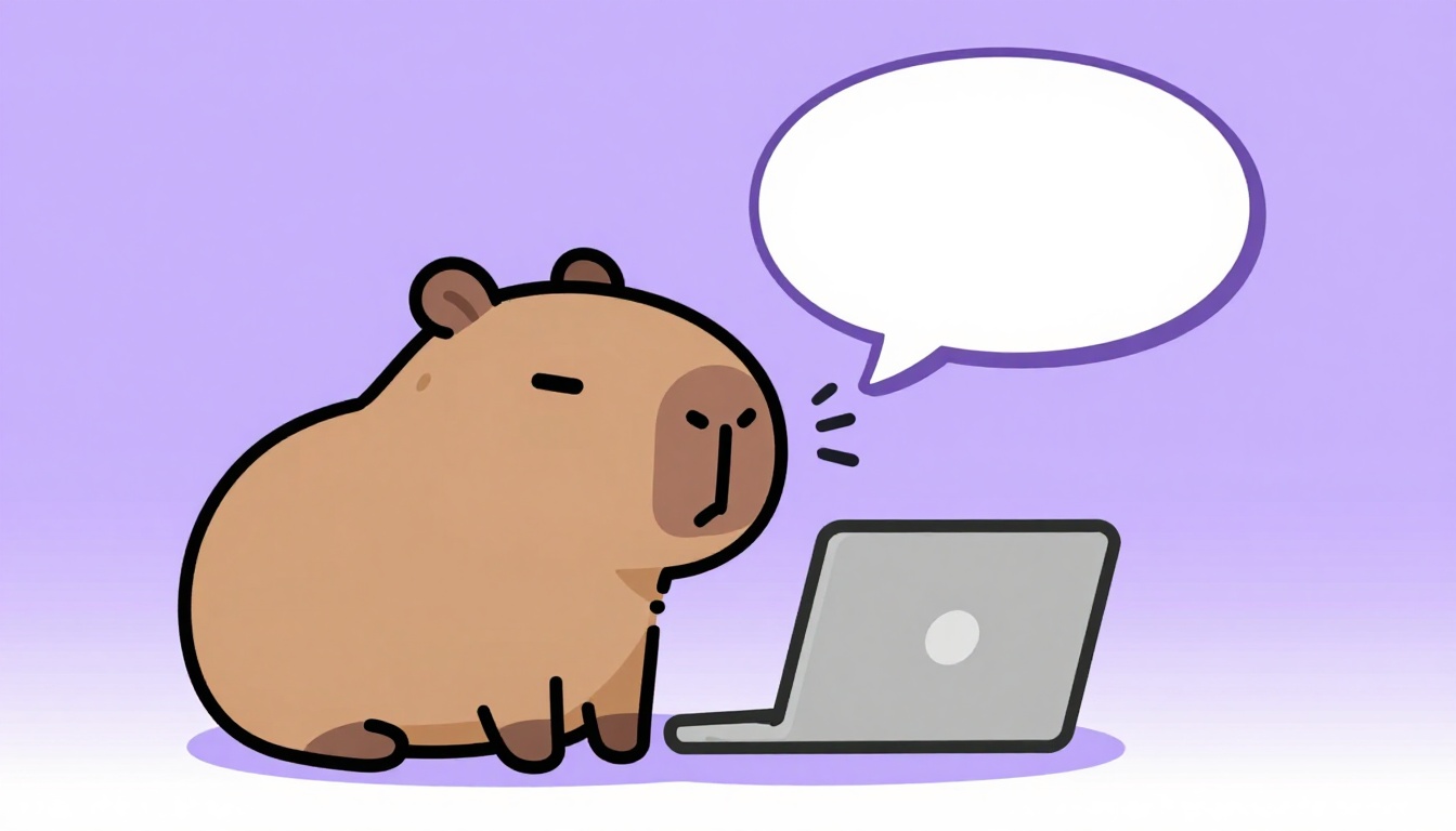 Capy la capibara hablando por un smartphone con un bocadillo de diálogo y ondas de sonido saliendo de su boca