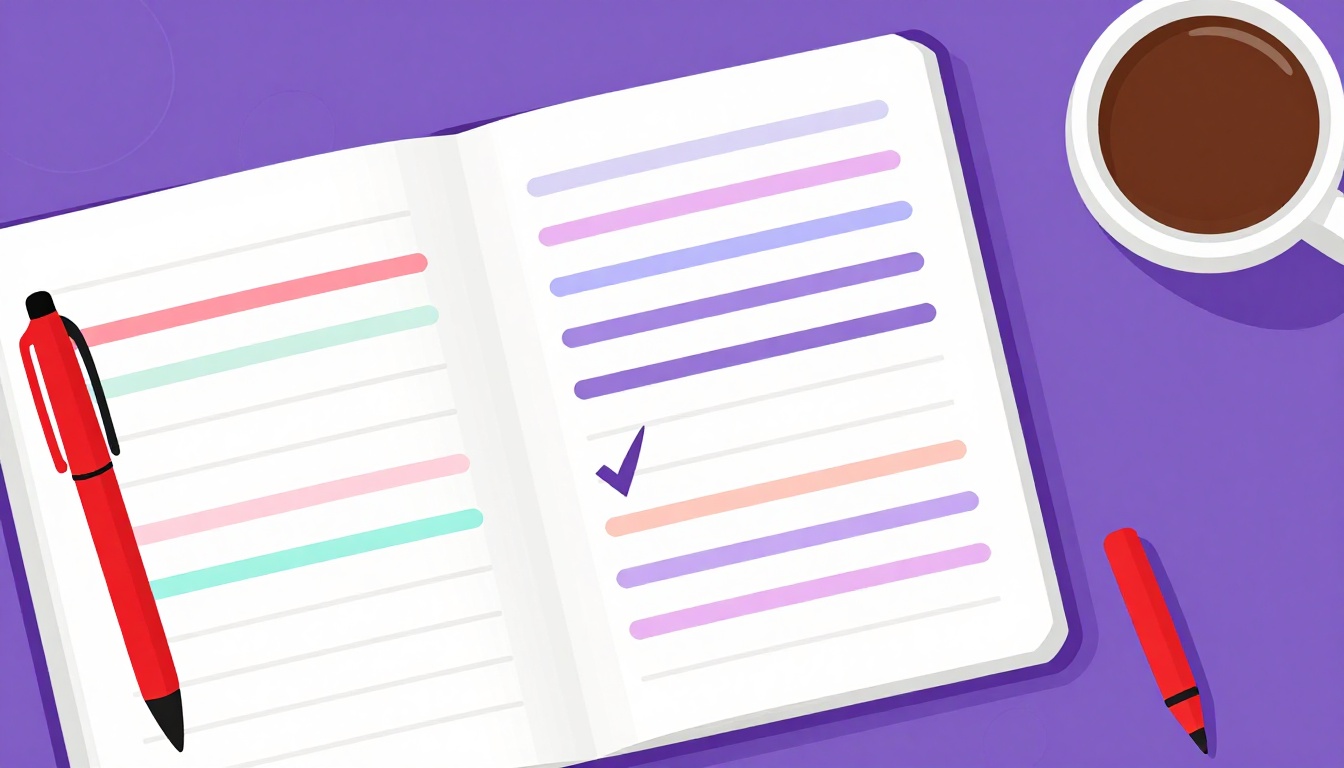 Caderno com lista de verbos e marcações de correção em vermelho