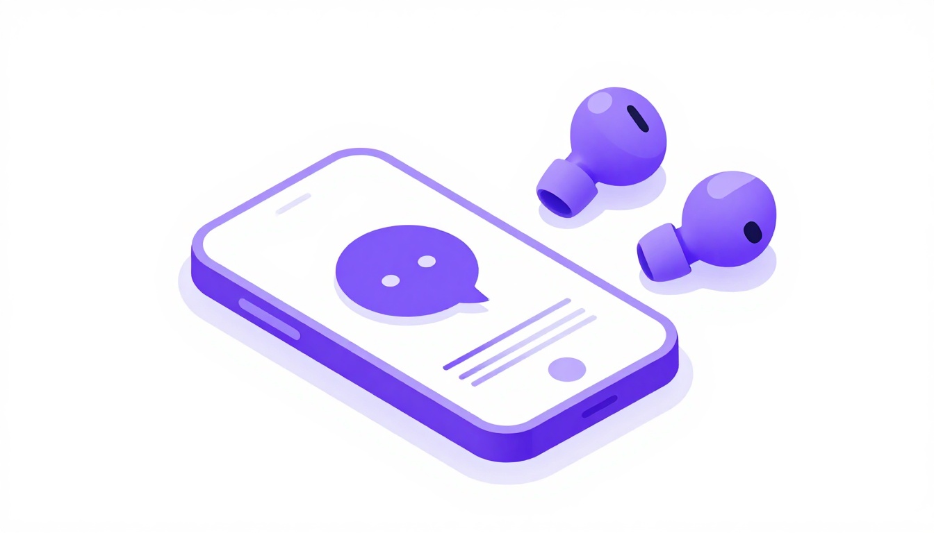 Celular exibindo um balão de fala colorido ao lado de fones de ouvido
