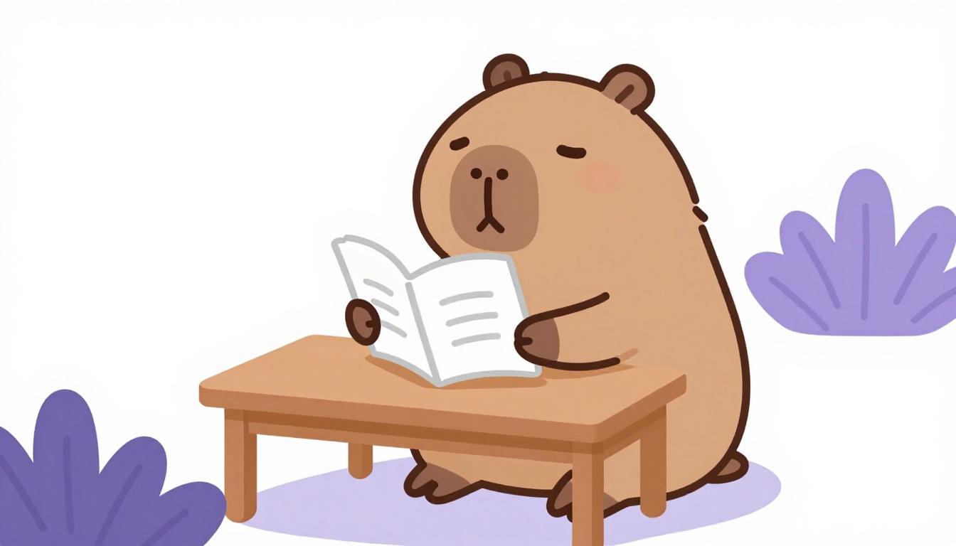 Capivara sorridente segurando um livro aberto num cenário de estudo