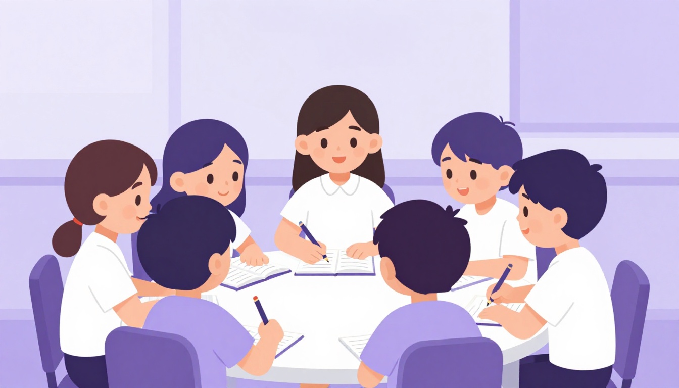 Grupo de crianças estudando juntas ao redor de uma mesa com livros coloridos