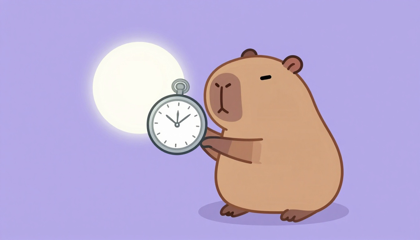 Capy, a capivara, segurando um relógio de bolso antigo e observando com curiosidade