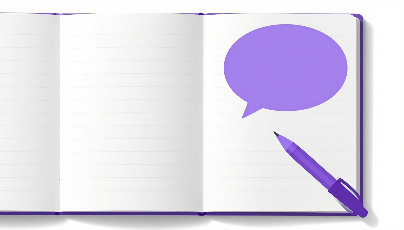 Caderno aberto com uma caneta ao lado de um balão de fala, contrastando a escrita formal com a conversa falada casual