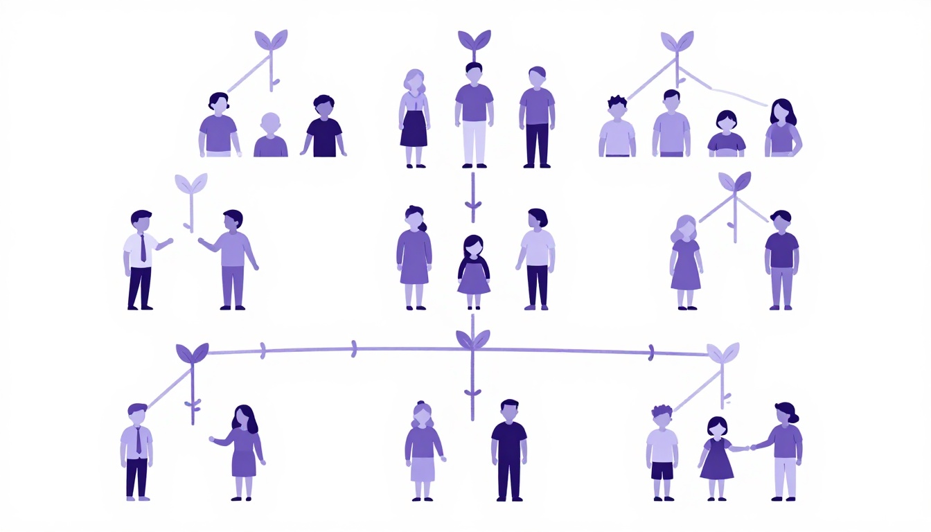 árvore genealógica ilustrada com galhos representando gerações da família