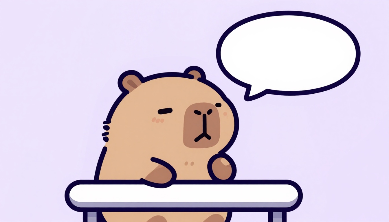 a capivara Capy sentada em uma mesa, representando a prática de conversação em inglês