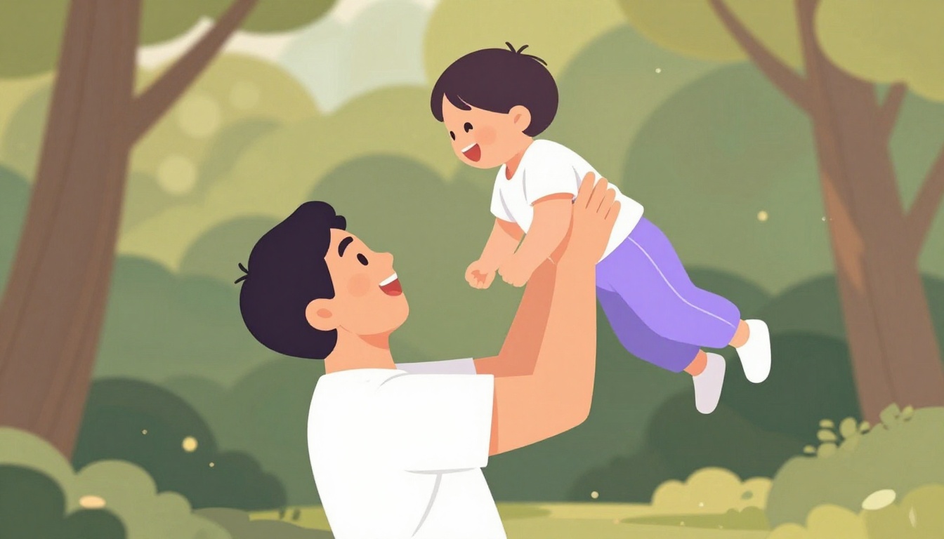 A father playfully lifting a small child into the air outdoors, both laughing in warm sunlight