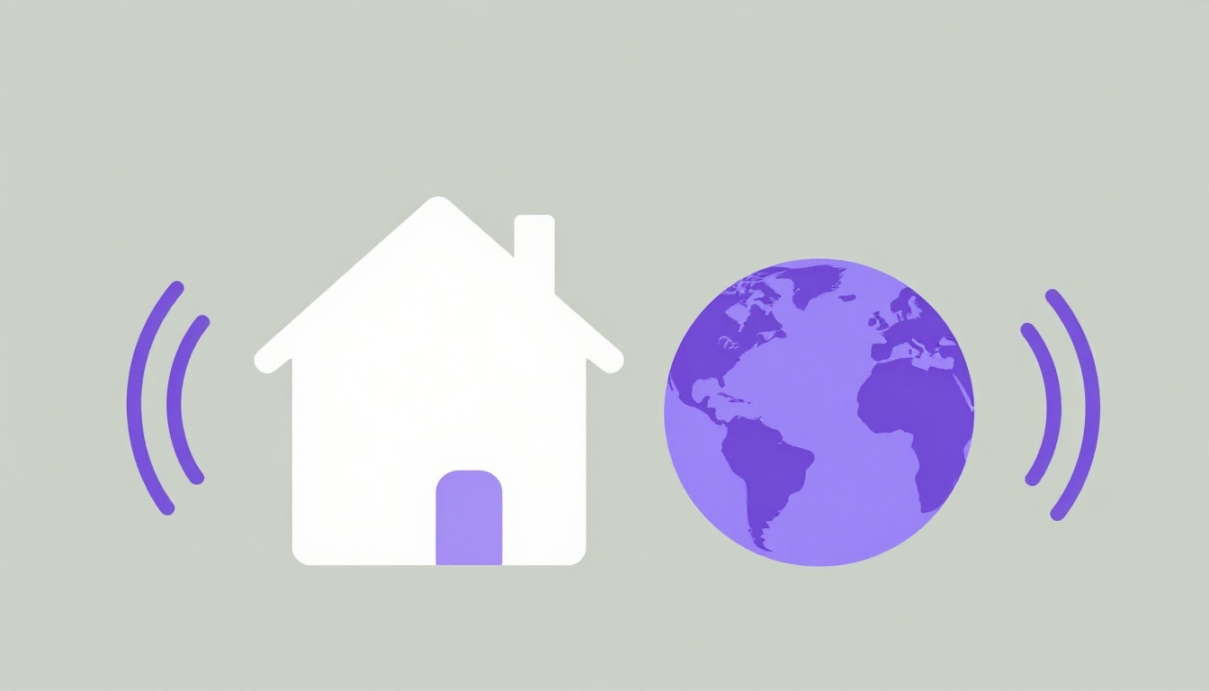 An abstract illustration of a small house shape and a globe shape connected by sound-wave lines