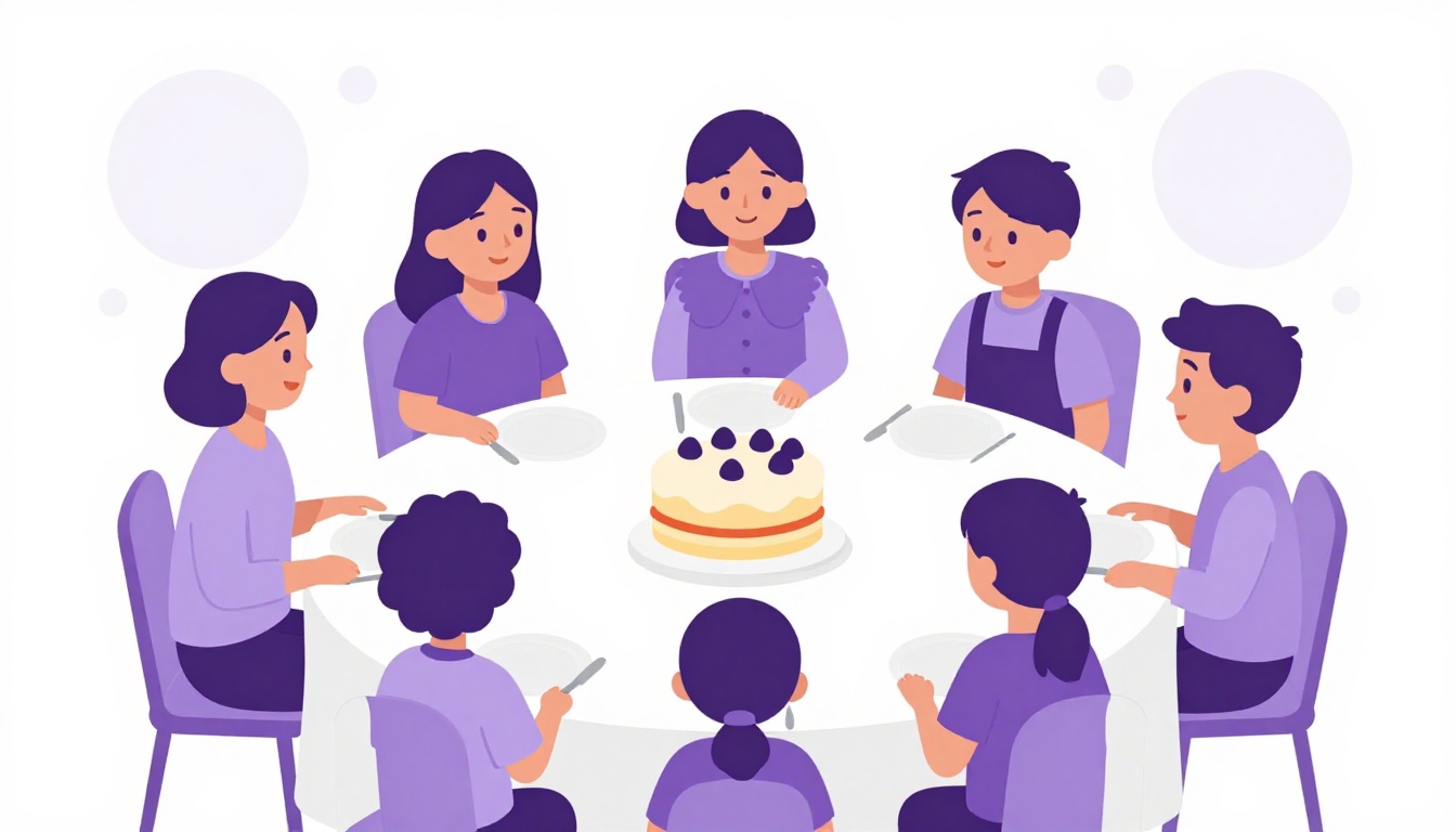 A family gathered around a dinner table seen from above, with a cake and a wrapped gift at the center