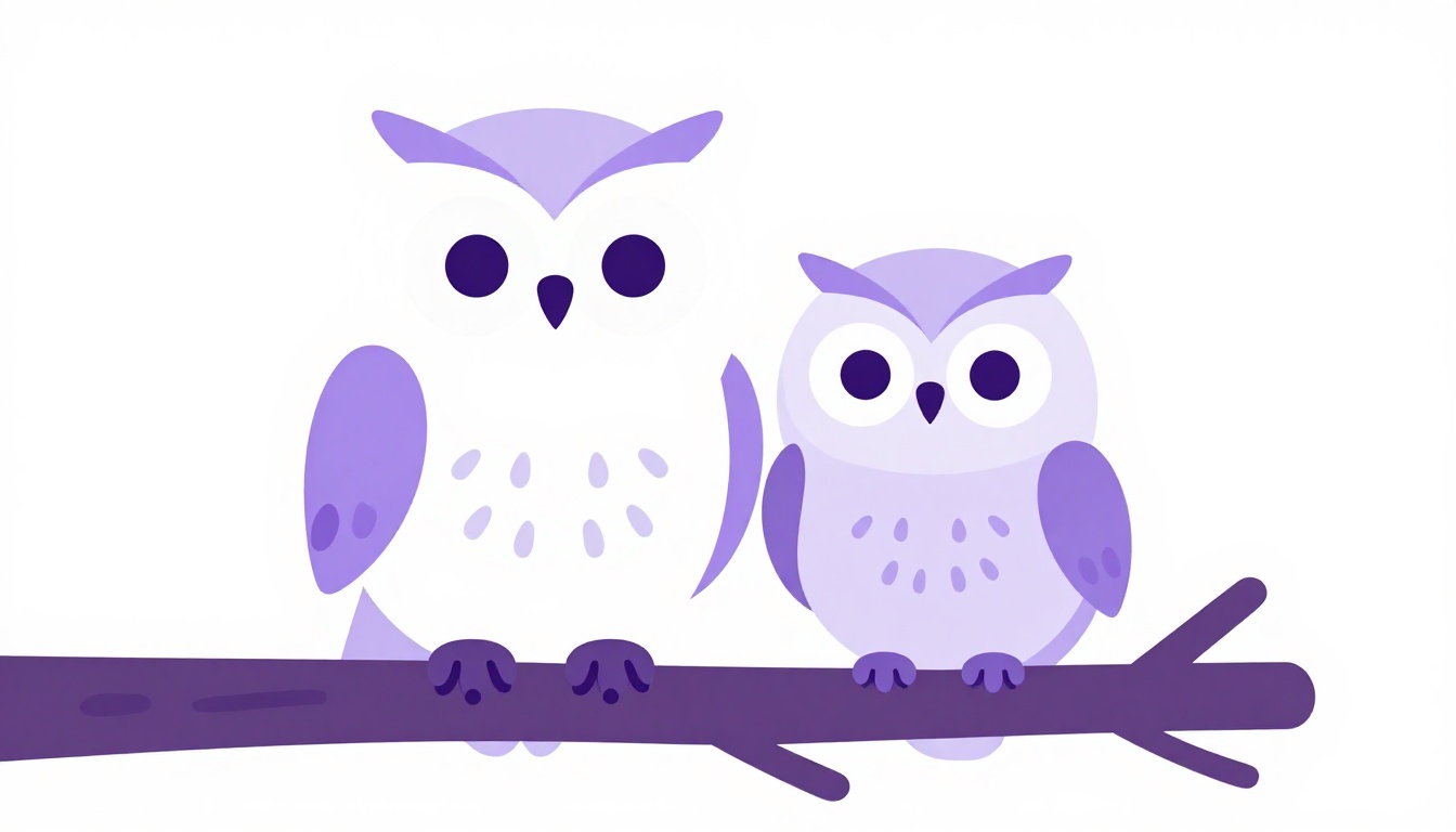 Two owls, one larger and one smaller, standing close together and looking at each other affectionately