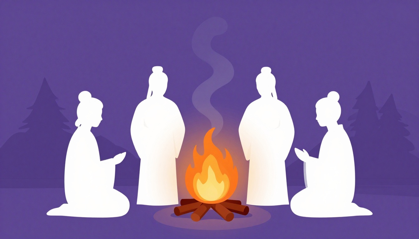 A small ceremonial bonfire at night with smoke rising, evoking an ancient purification ritual