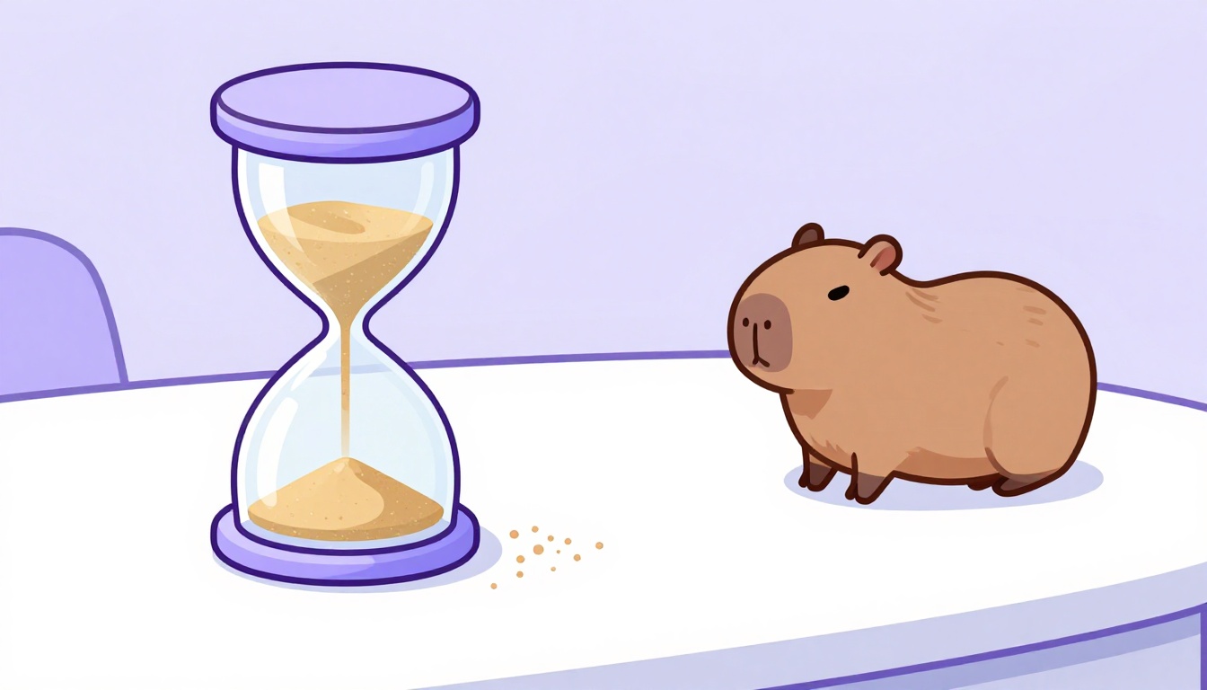 An hourglass with extra sand piling up beside it, a small capybara watching curiously nearby