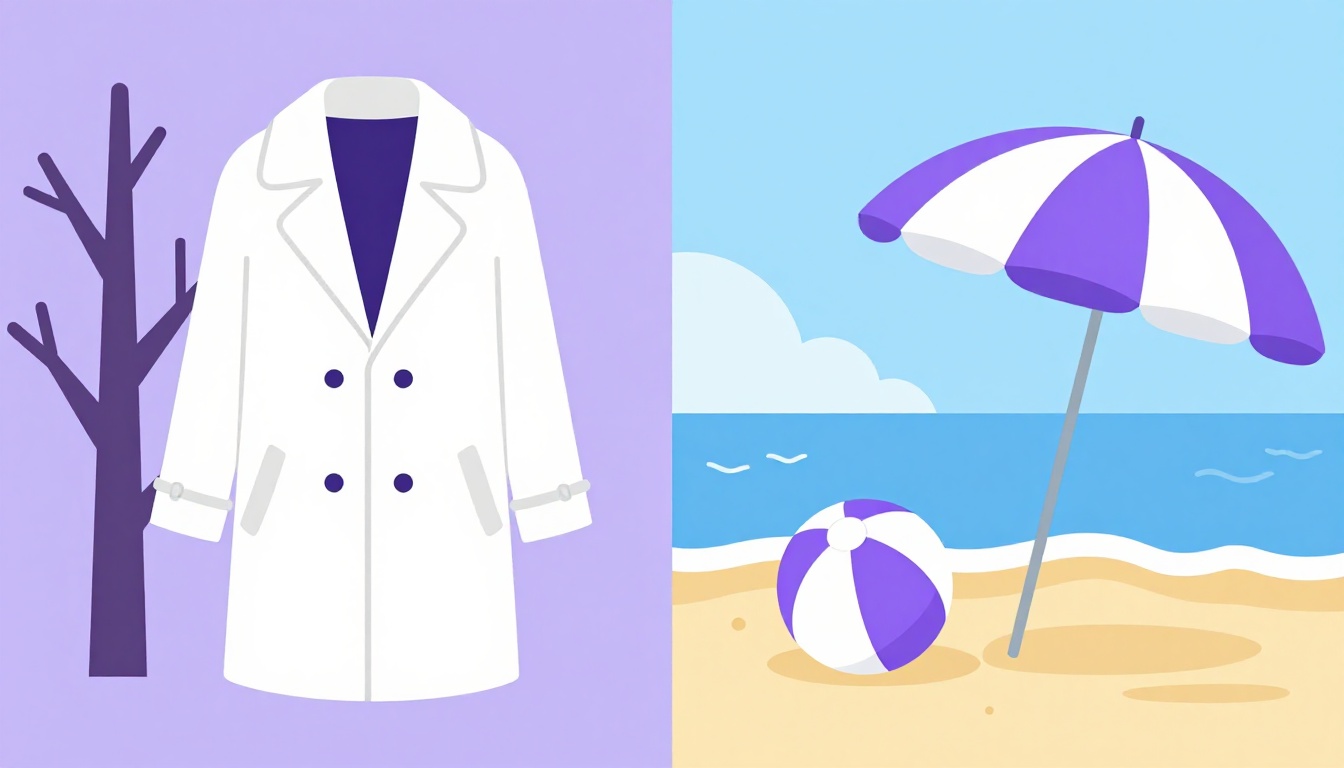 A split scene with a snowy winter coat and bare tree on one side and a sunny beach with an umbrella on the other