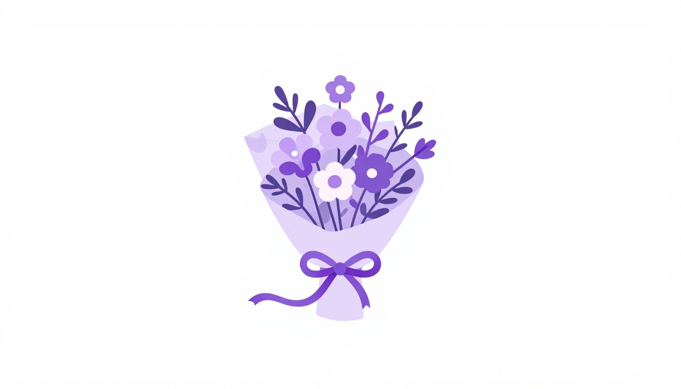 Buquê de flores roxas e brancas embrulhado em papel lilás com um laço de fita roxa, para desejar feliz dia das mulheres em inglês