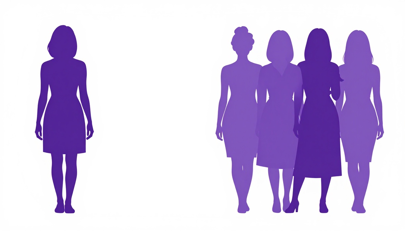 Silhueta de uma mulher à esquerda e um grupo de três silhuetas de mulheres à direita em tons de roxo, mostrando a diferença entre woman e women