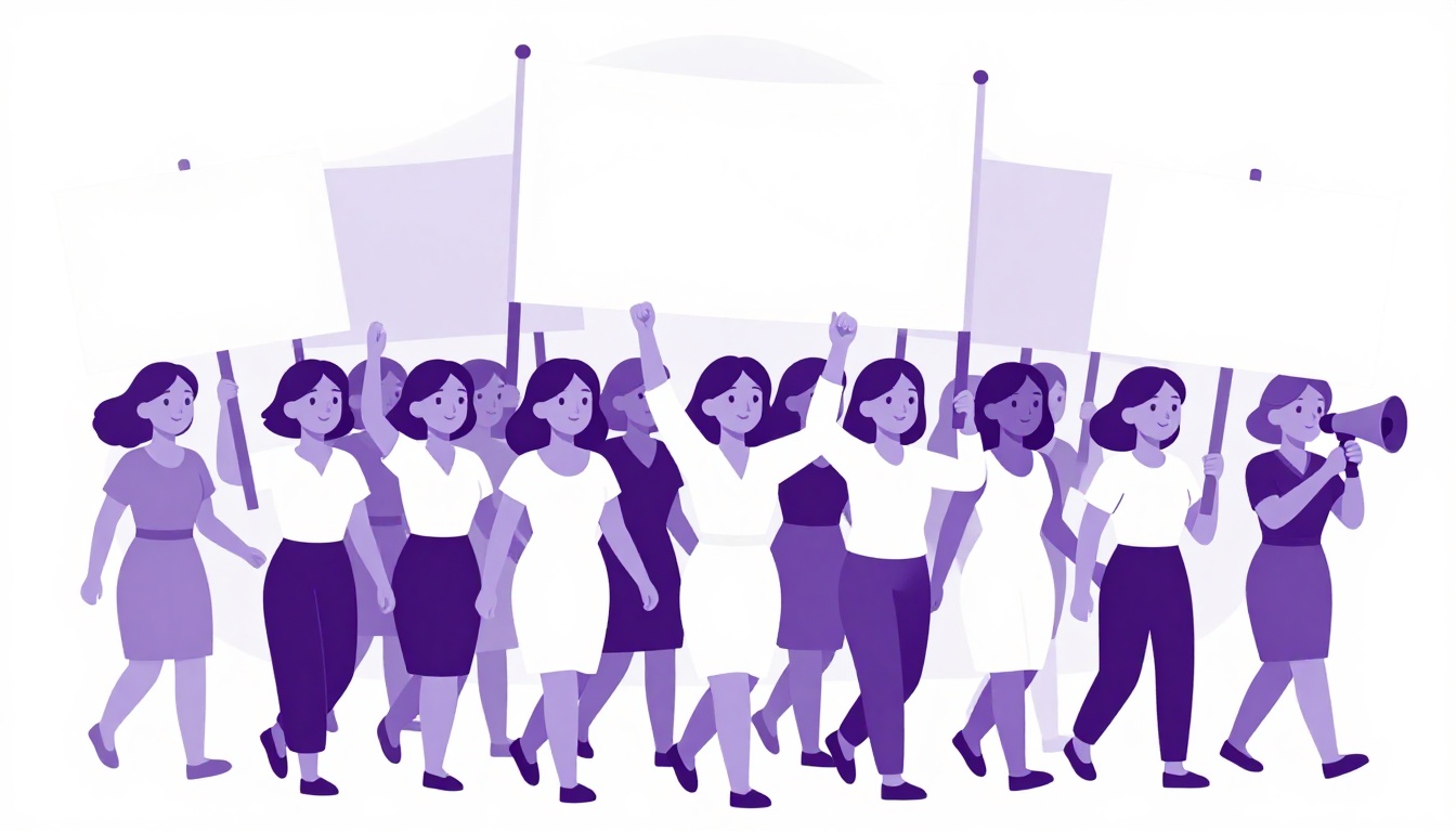 Multidão de mulheres em marcha com faixas em branco e um megafone, lembrando as manifestações históricas do Dia das Mulheres