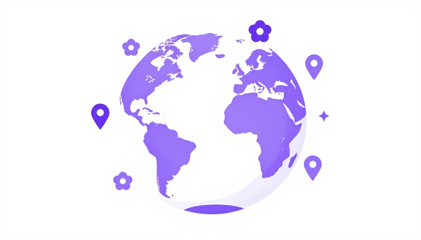 Globo terrestre em tons de roxo com flores e marcadores de localização ao redor, representando o Dia das Mulheres celebrado em vários países