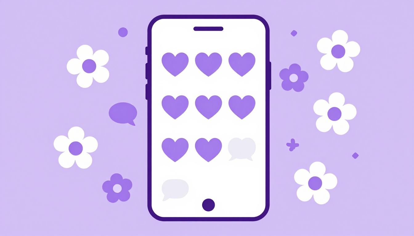 Smartphone com ícones de coração e balões de conversa vazios, cercado de flores