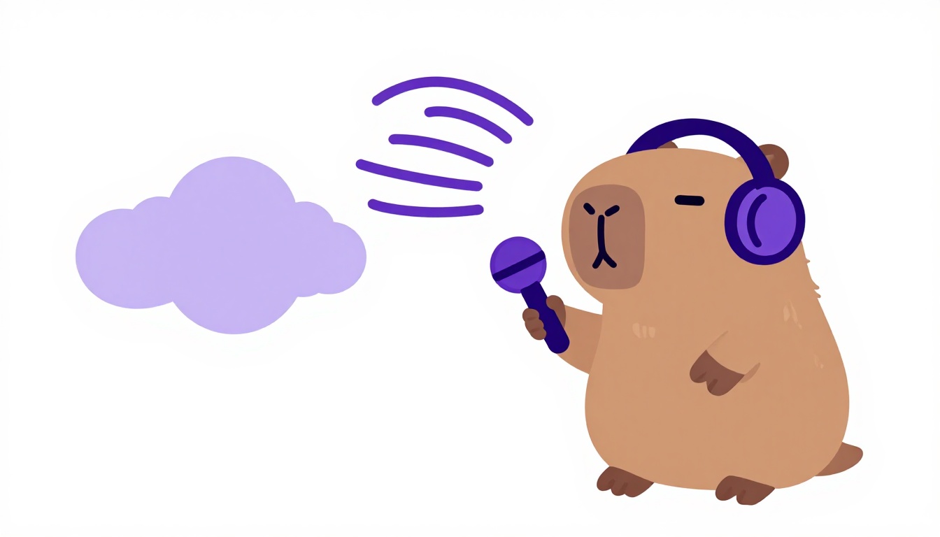 Capivara marrom usando fones de ouvido e segurando um microfone com ondas sonoras ao redor, representando a prática de pronúncia em voz alta