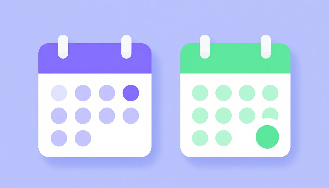 Duas páginas de calendário lado a lado, uma marcada em tom azul claro e outra em tom verde suave, representando datas diferentes