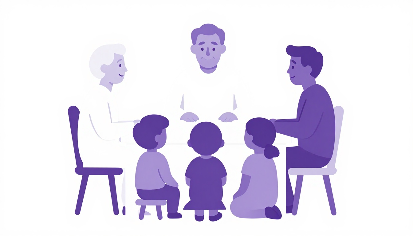 Três gerações de uma família reunidas ao redor de uma mesa, avô, pai e criança sorrindo em luz quente de tarde