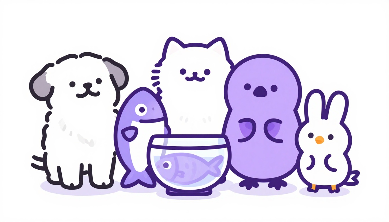 Perro, gato, pez, conejo y loro dibujados juntos para practicar animales en las fichas de inglés de 1 primaria