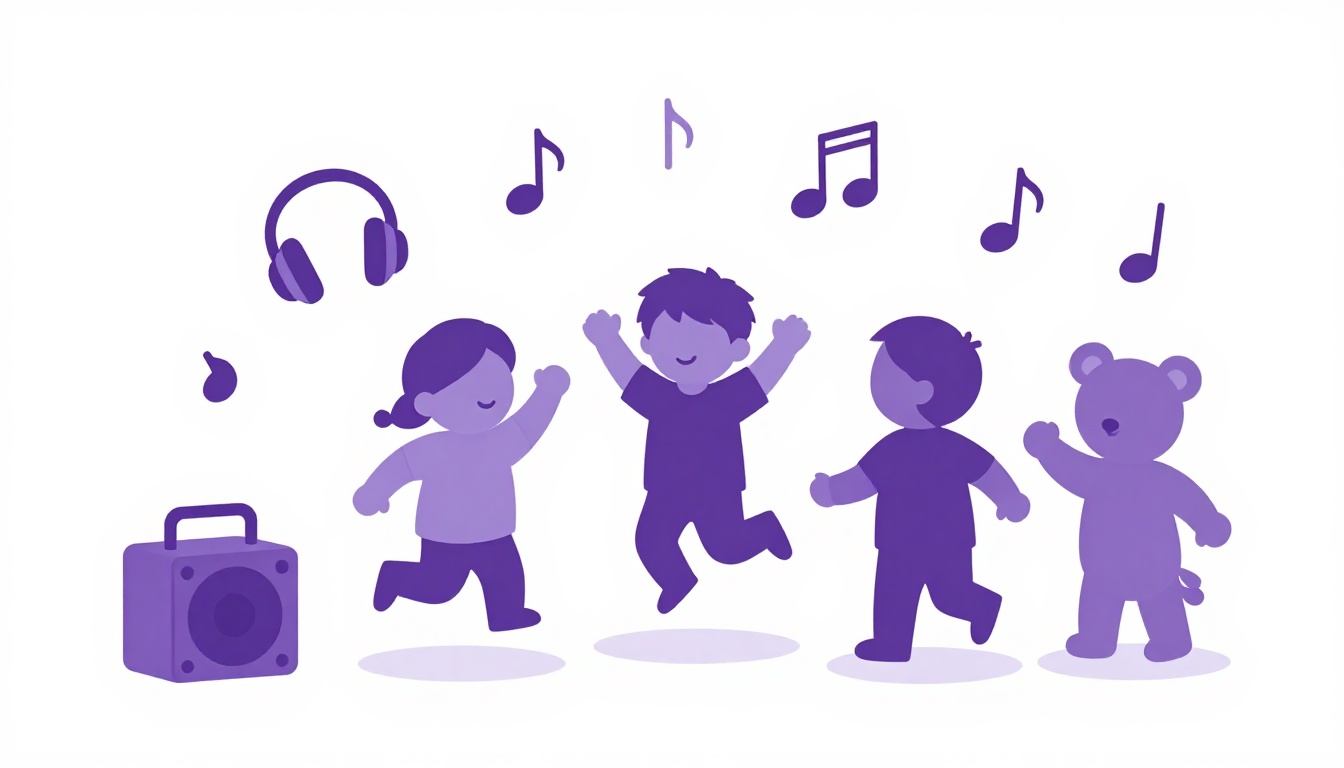Niños bailando y saltando con notas musicales para aprender inglés con canciones y juegos