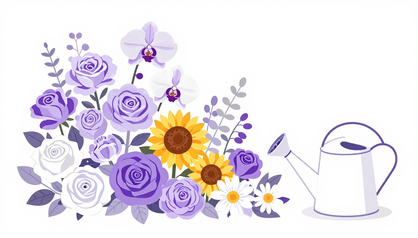 Colorful garden with roses, sunflowers, orchids and daisies