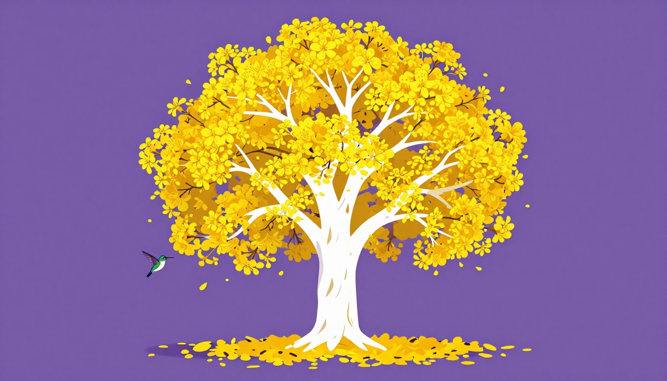 Yellow ipê tree in full bloom with a hummingbird nearby