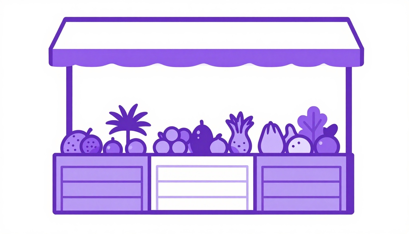 A market stall piled with fresh fruits and vegetables in wooden crates