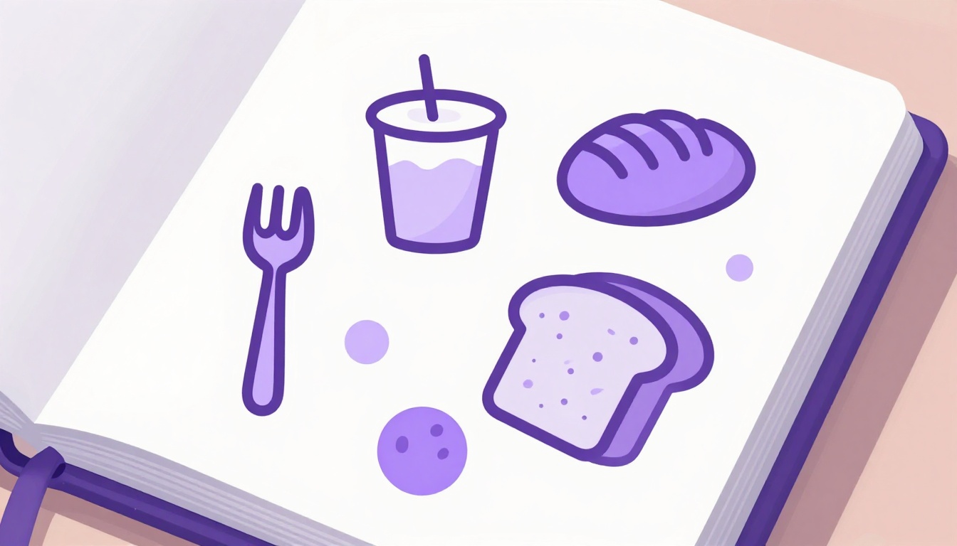 An open notebook page with simple food doodles beside a coffee cup