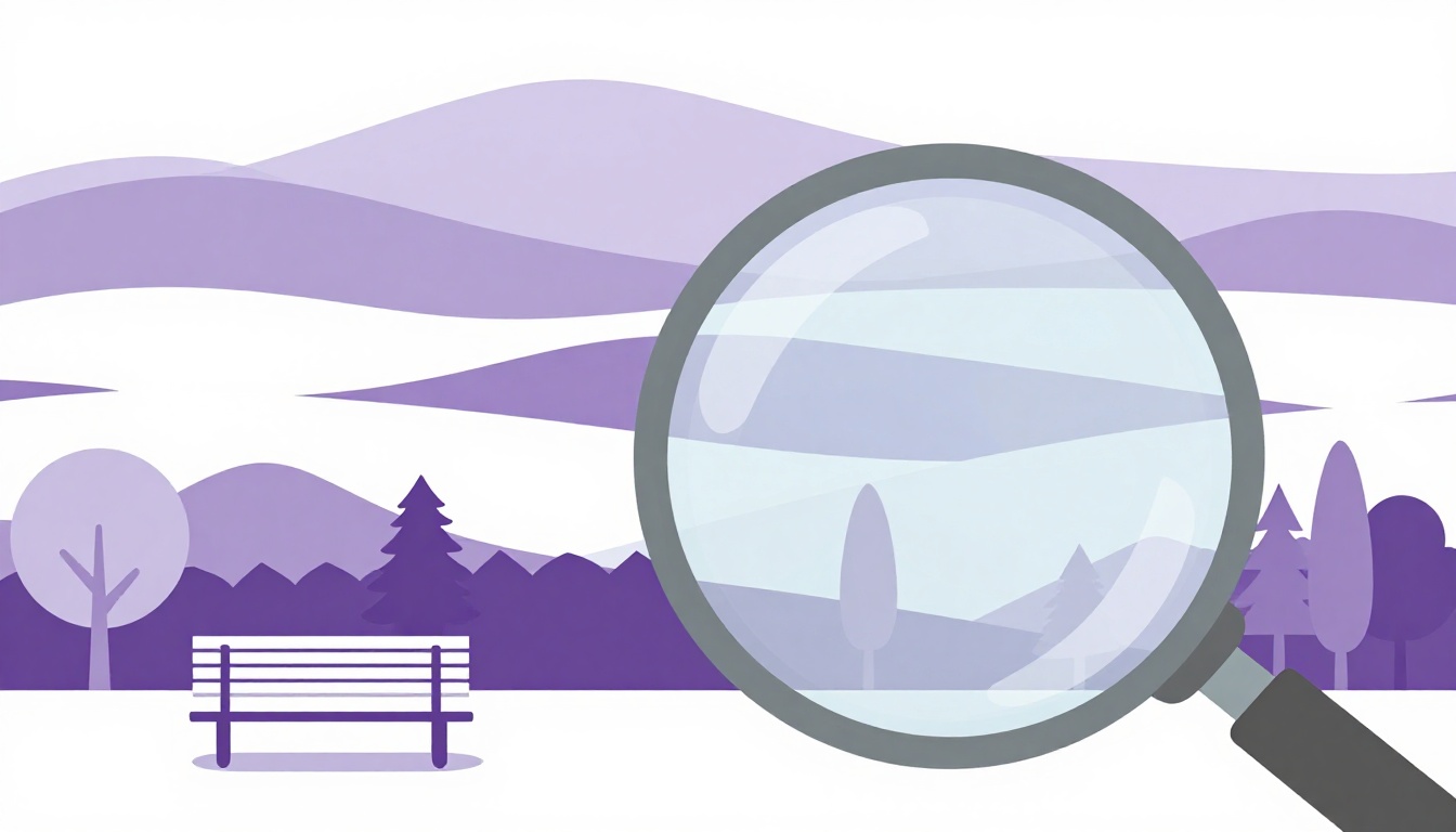 Paisaje por capas visto con una lupa, con primer plano, plano medio y fondo, para describir una foto en inglés de lo general a lo específico