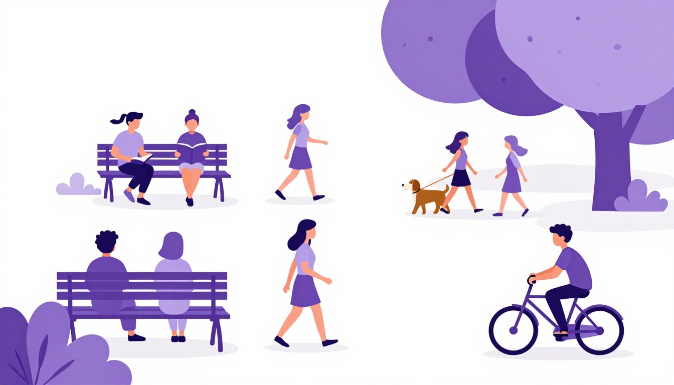 Escena de un parque con personas corriendo, leyendo, paseando al perro y montando en bici, ideal para describir acciones en inglés