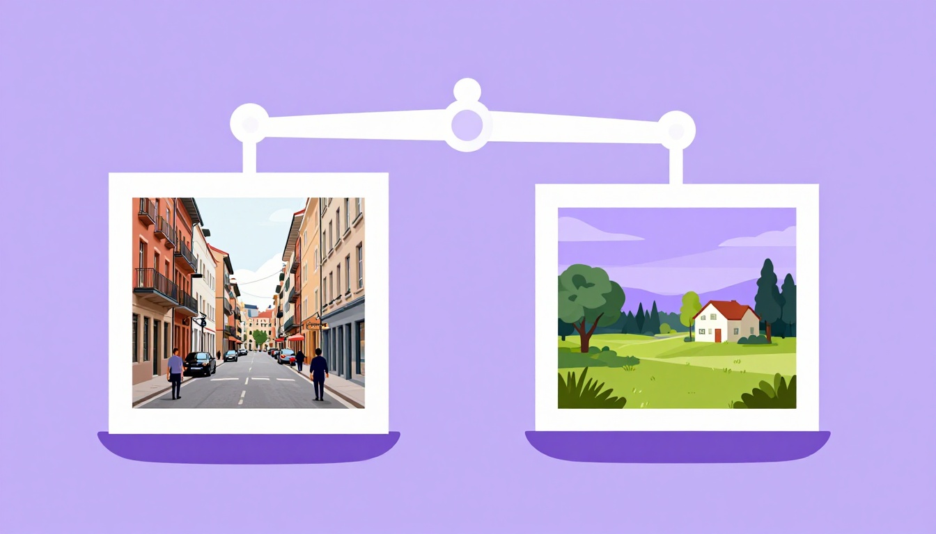Balanza con una foto de una calle de ciudad y otra de campo, para comparar dos fotografías en inglés en el speaking