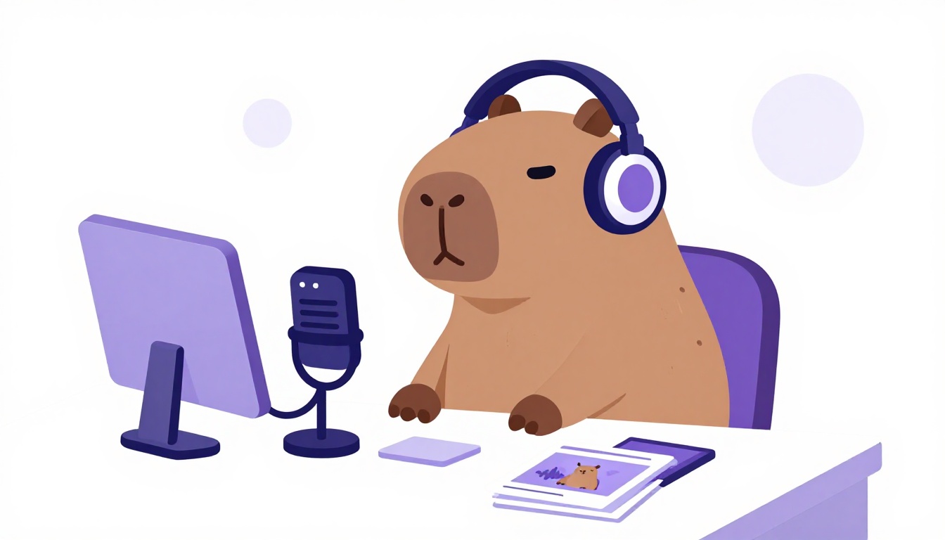 Capibara con auriculares y micrófono practicando en voz alta la descripción de fotos en inglés