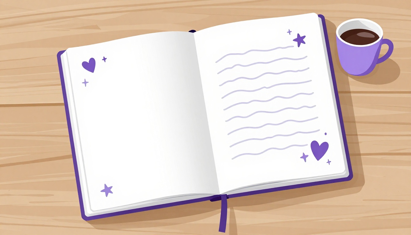 Caderno aberto com frases bonitas em inglês curtas escritas à mão ao lado de uma xícara de café