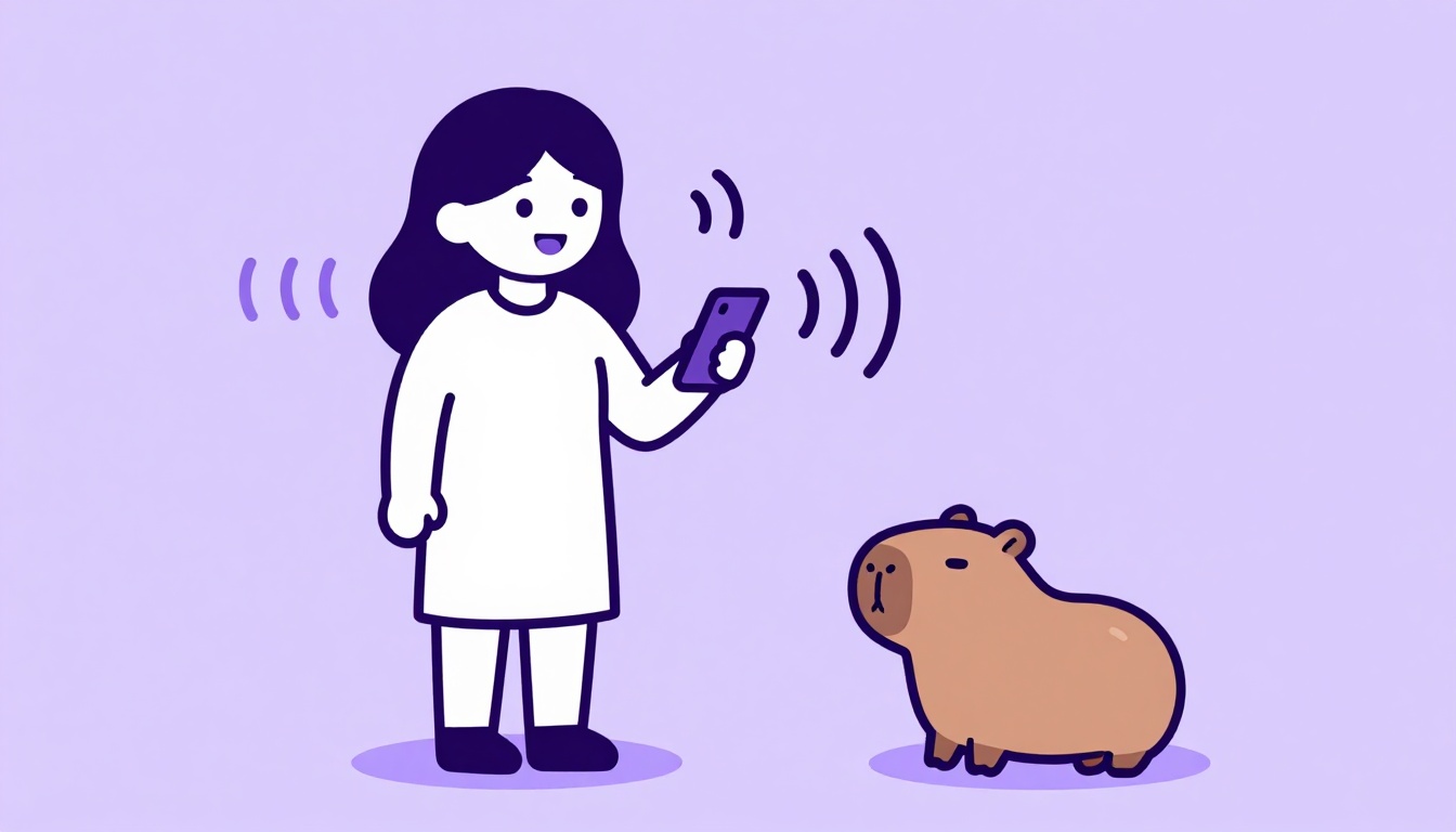 Pessoa sorrindo enquanto pratica em voz alta a pronúncia de frases bonitas em inglês curtas junto com a capivara Capy no celular