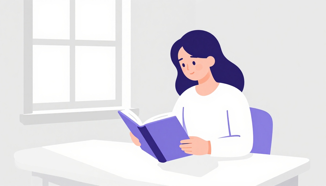 Pessoa lendo um livro aberto perto de uma janela com luz suave entrando, clima calmo e caseiro