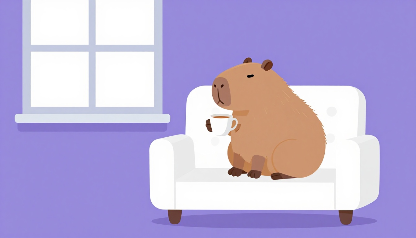 Capy, a capivara marrom, sentada em uma poltrona perto de uma janela com luz da tarde, segurando uma xícara de chá, em um momento tranquilo e sozinho