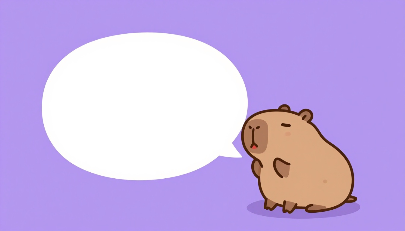 Capy, a capivara da Comigo, sentada ao lado de um balão de fala vazio, representando o treino de falar uma frase em voz alta