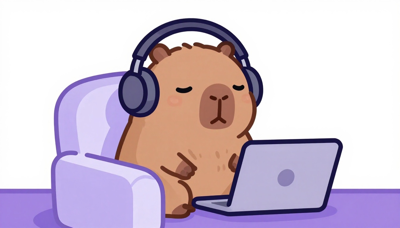 Capivara marrom com fones de ouvido praticando pronúncia de frases em inglês em voz alta