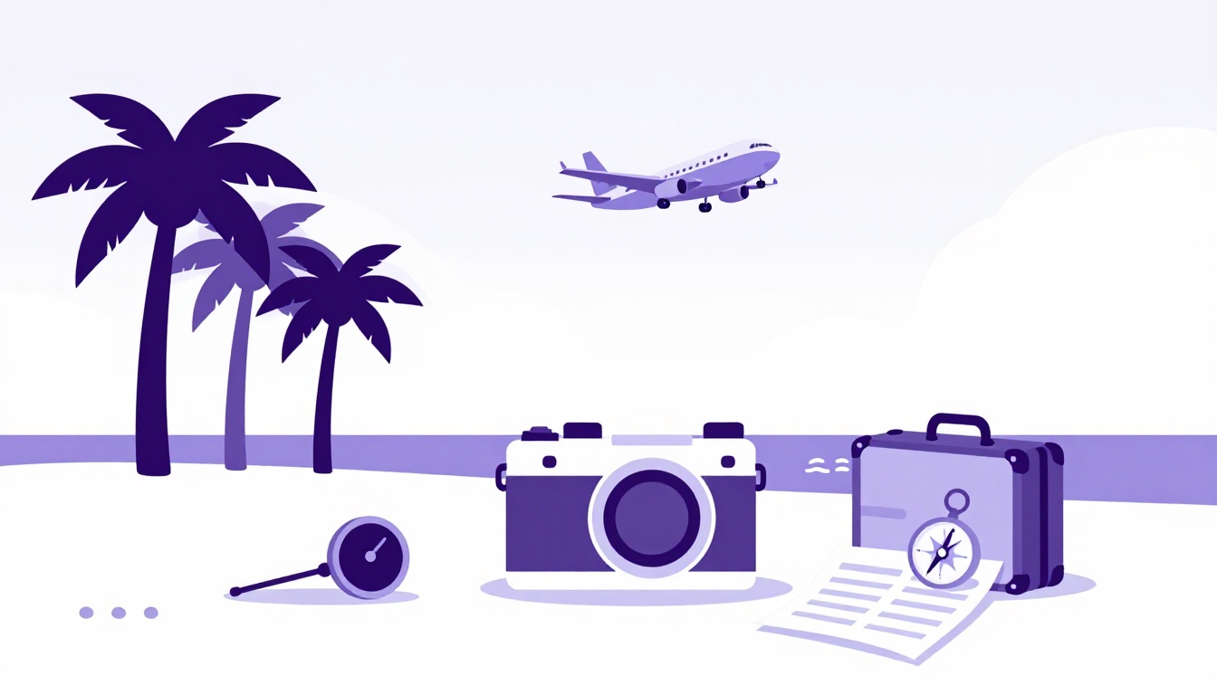 Una maleta, una cámara, un mapa, palmeras y un avión, símbolos de un viaje