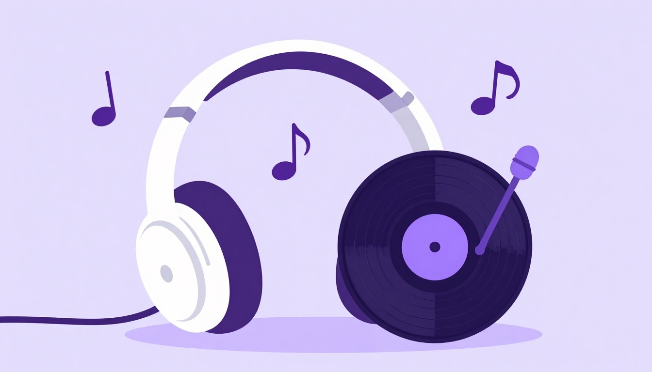 Unos auriculares y un disco de vinilo con notas musicales