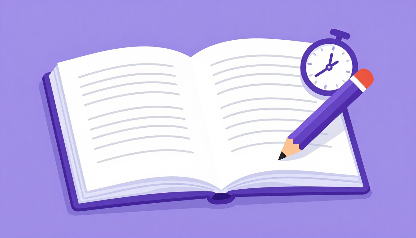 Un cuaderno abierto, un lápiz y un reloj sobre una mesa, representando la preparación de exámenes de inglés