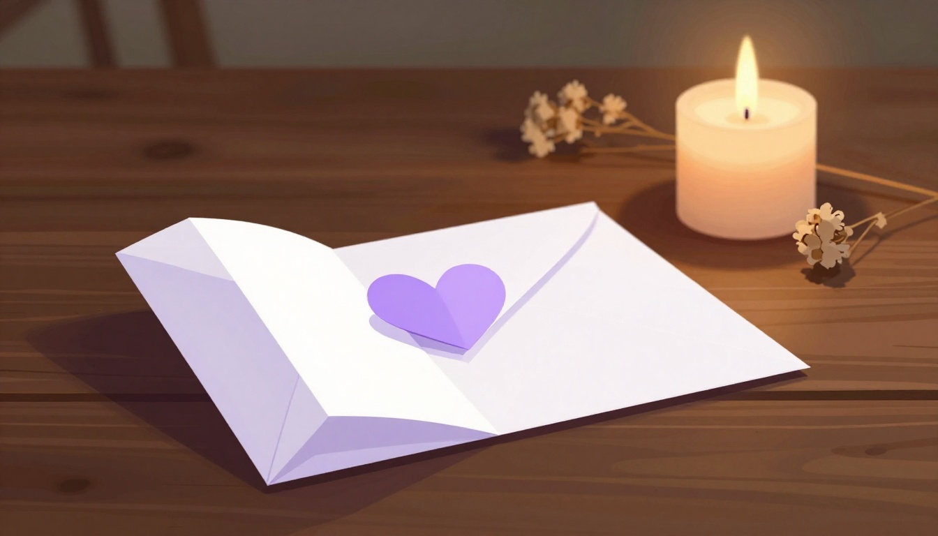 Carta de amor dobrada ao lado de uma vela acesa e flores secas numa mesa de madeira