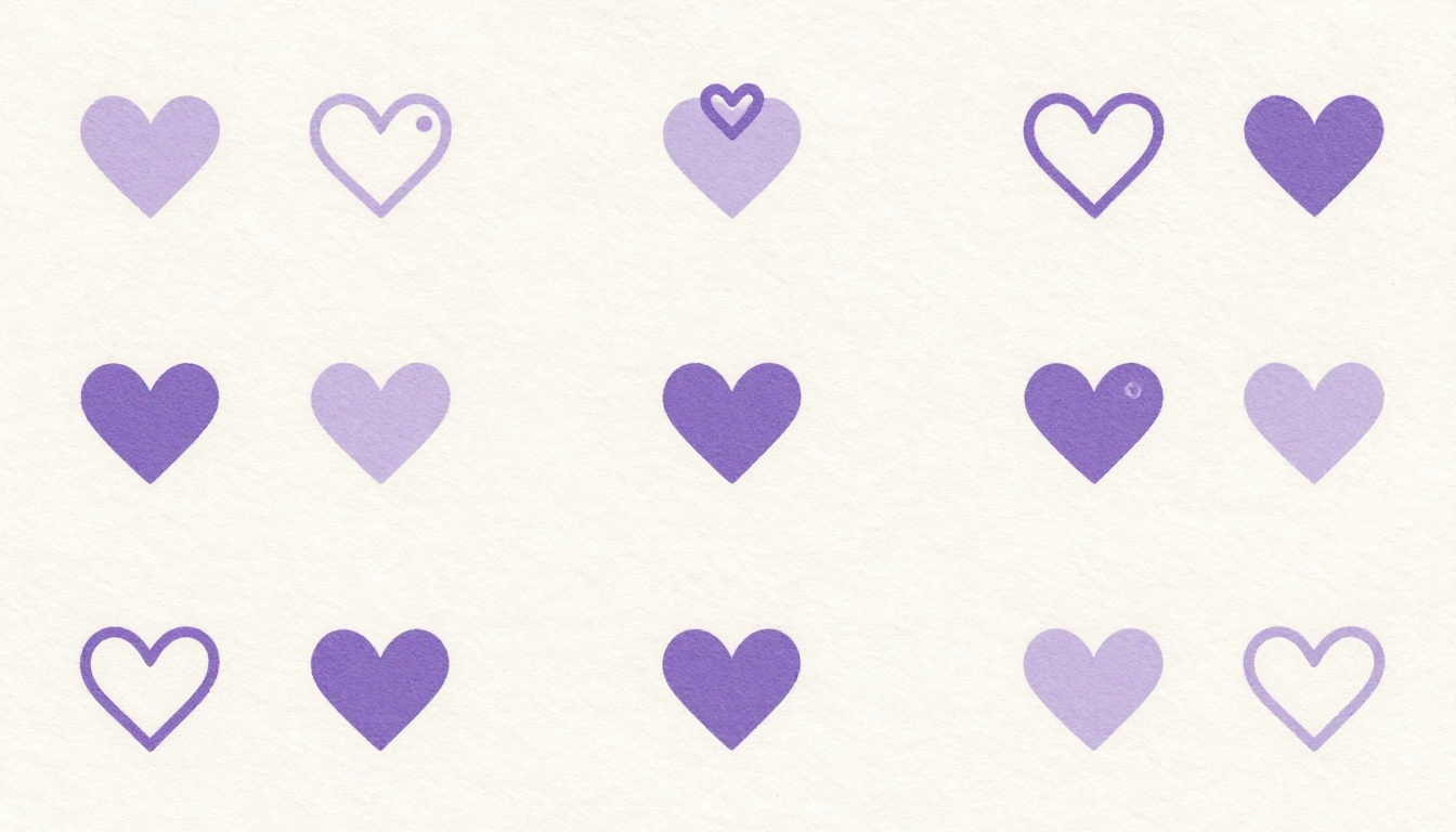 Coleção de corações em tons de roxo, estilo folha de referência de tatuagem