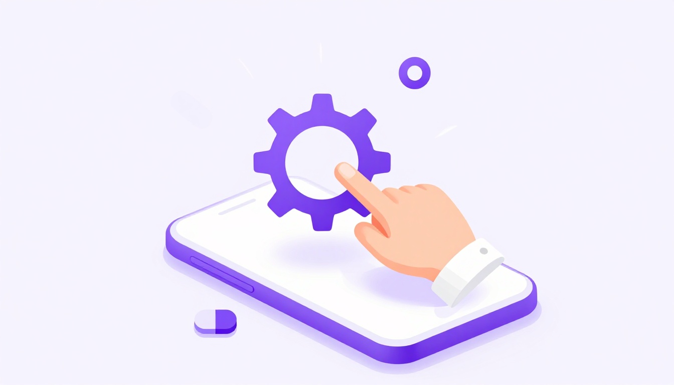 Mão tocando um ícone de engrenagem de configurações flutuando sobre a tela de um celular