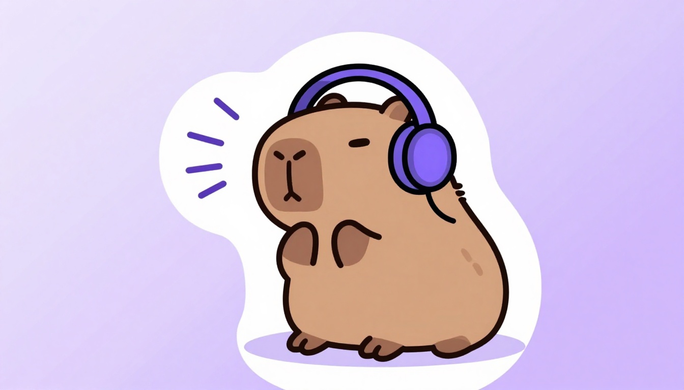 A capivara Capy usando um fone de ouvido grande, com ondas sonoras ao redor, representando o treino de pronúncia em voz alta