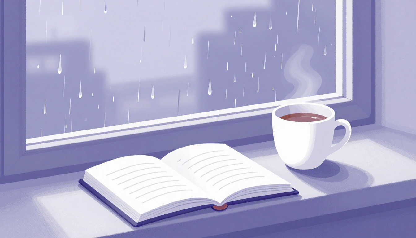 Janela com gotas de chuva escorrendo e um caderno aberto embaixo com anotações em inglês