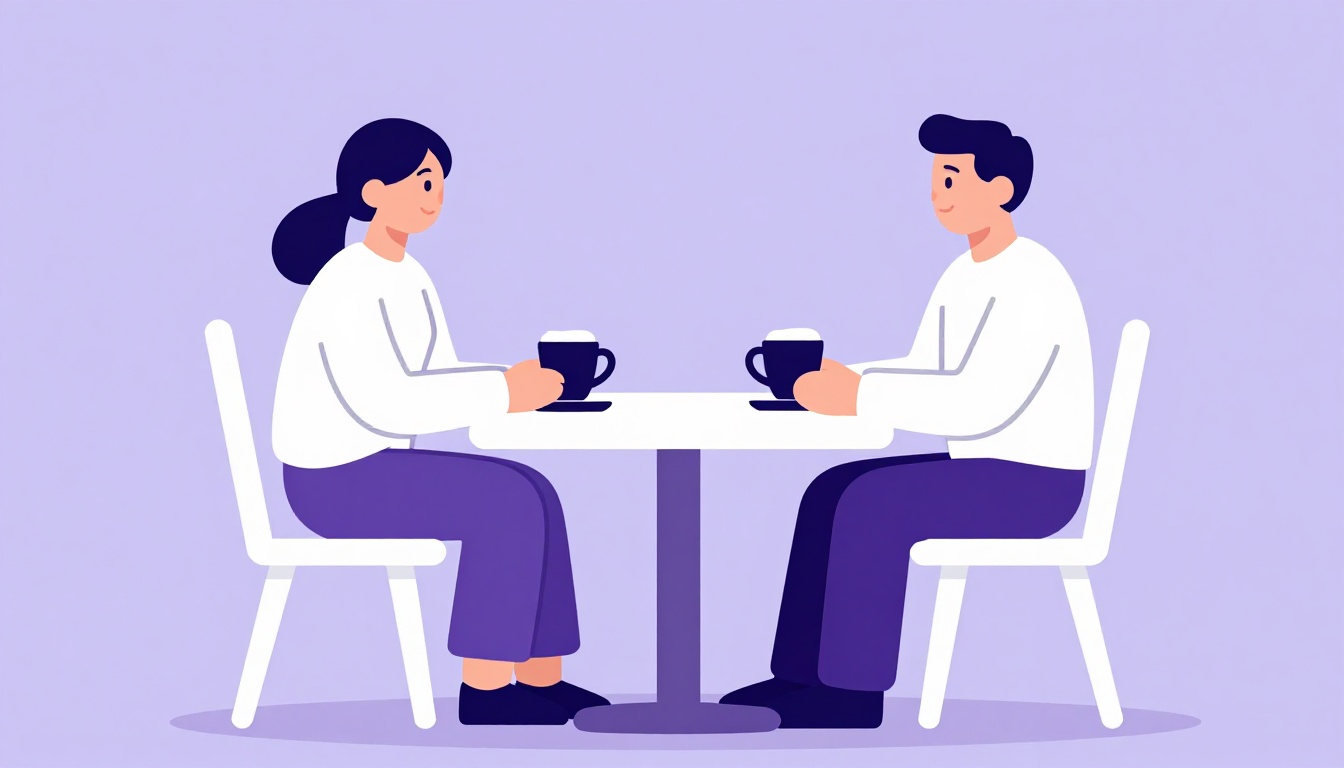 A cozy scene of two chairs and two cups pulled close together at an outdoor cafe table, representing new friendship