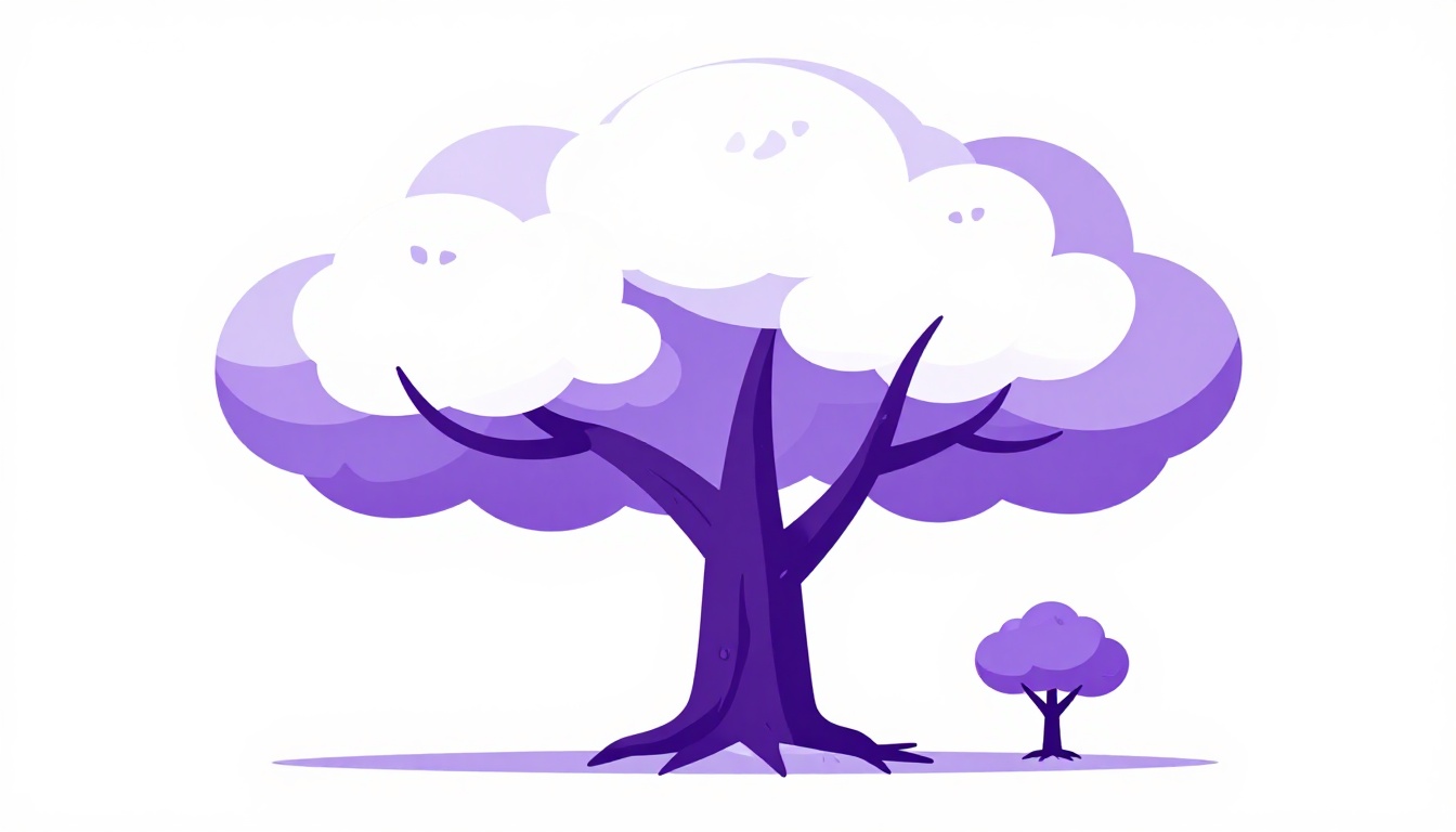 A large tree with visible roots connecting underground to a small sapling nearby, representing word etymology and shared word roots